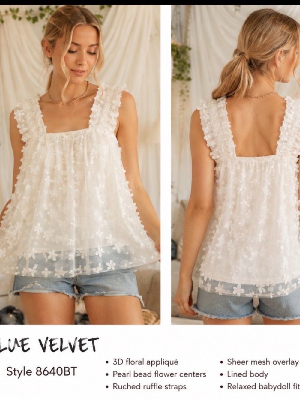 Bluevelvet Sheer White Floral Appliqué Babydoll Tank Top Sz S -NWT P2P 16’